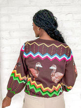 Load image into Gallery viewer, Queen Of Sparkles Brown Multi Zig Zag Duck Cardigan with sequin mallard ducks and multi color pearl beading