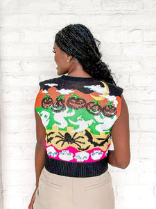 Queen Of Sparkles Color Block Halloween Icon Button Up Sweater with sequin pumpkins and color blocking of tree, orange, yellow and hot pink