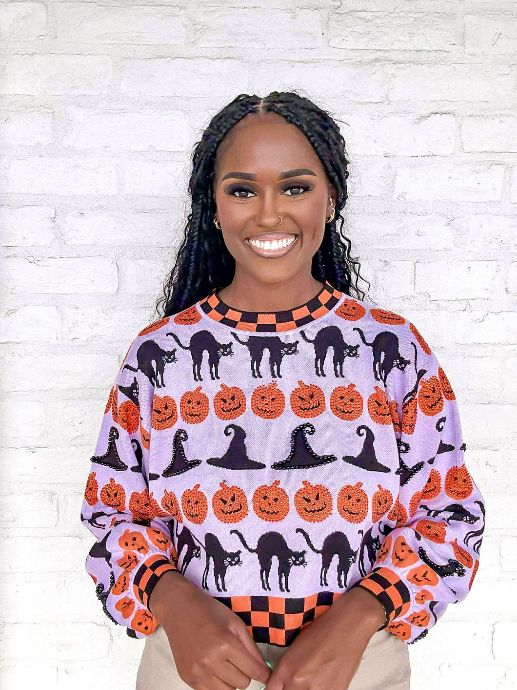 Queen Of Sparkles Checker Trim Icon Sweater with sequin black cats, pumpkins and witches hat