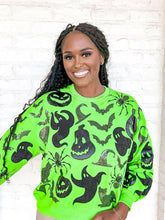 Load image into Gallery viewer, Queen Of Sparkles Green and Black Icon Sweatshirt with sequin witches hat, bats, ghosts and pumpkins