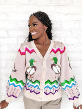 Load image into Gallery viewer, Queen Of Sparkles Multi Zig Zag Duck Cardigan light beige pink with colorful geometric stripes and sequin mallard ducks