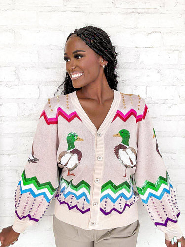 Queen Of Sparkles Multi Zig Zag Duck Cardigan light beige pink with colorful geometric stripes and sequin mallard ducks