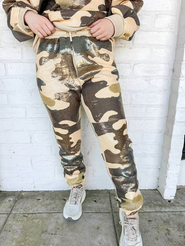 Queen Of Sparkles Green Full Sequin Camo  Joggers with olive, beige and mossy green camo pattern in full sequin