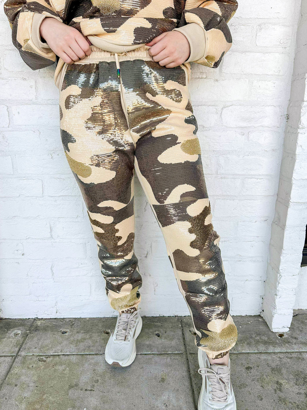 Queen Of Sparkles Green Full Sequin Camo  Joggers with olive, beige and mossy green camo pattern in full sequin