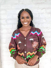 Load image into Gallery viewer, Queen Of Sparkles Brown Multi Zig Zag Duck Cardigan with sequin mallard ducks and multi color pearl beading