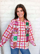 Load image into Gallery viewer, Queen Of Sparkles Pink &amp; Red Plaid Metallic Nutcracker Cotton Button Up Top