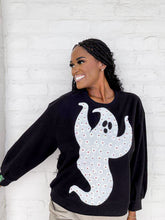 Load image into Gallery viewer, Queen Of Sparkles Black And White Flower Sequin Ghost Sweatshirt with small beaded flowers on an oversized ghost