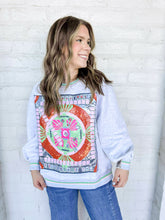 Load image into Gallery viewer, Queen Of Sparkles Grey Multi Mahjong Table Sweatshirt with sequin mahjong tiles and green orange and baby pink