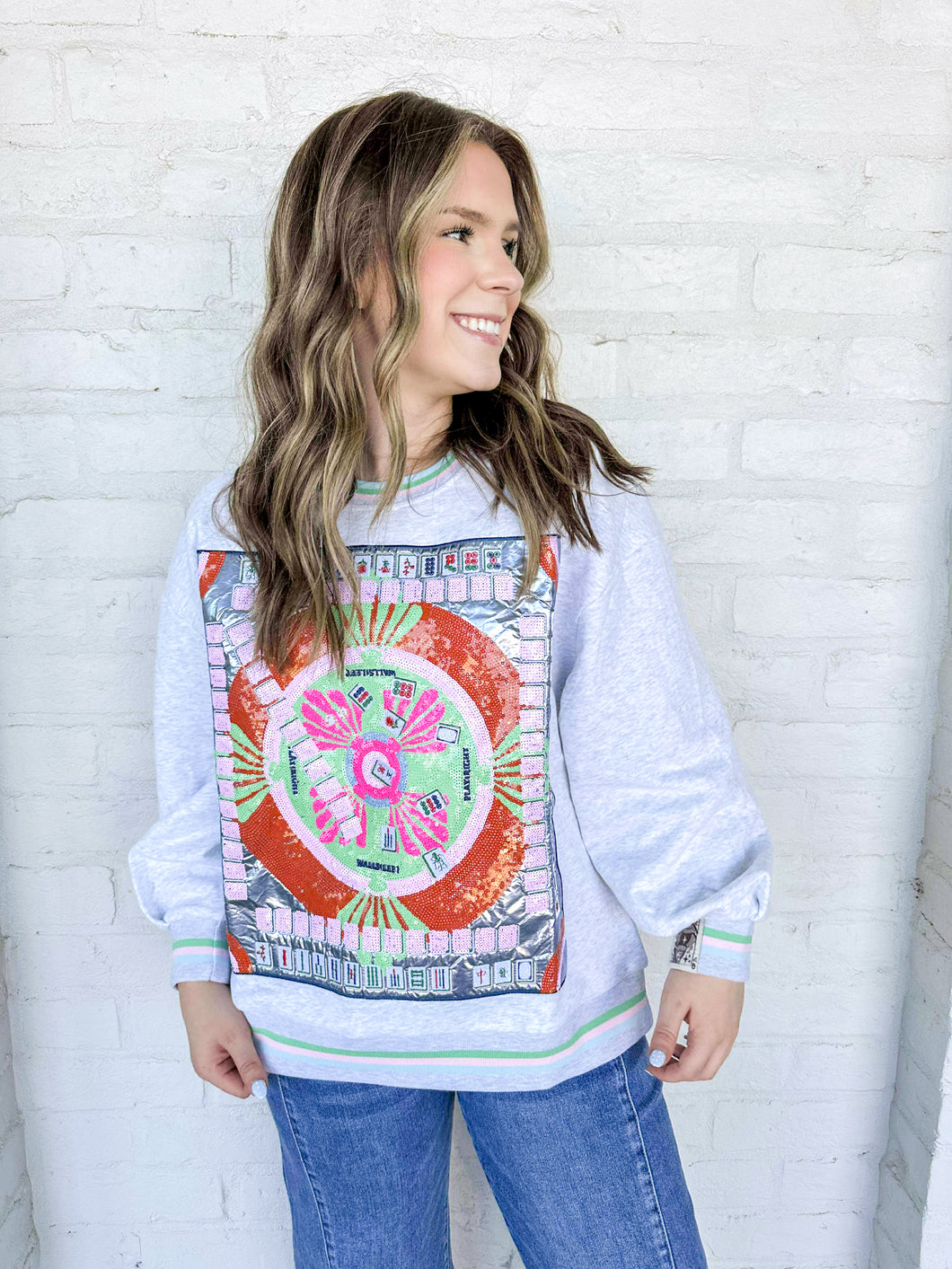Queen Of Sparkles Grey Multi Mahjong Table Sweatshirt with sequin mahjong tiles and green orange and baby pink