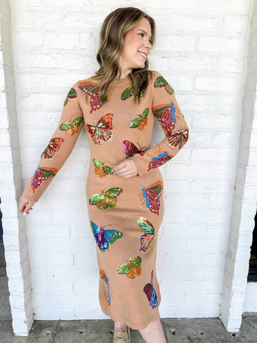 Queen of Sparkles Tan Multi Butterfly Knit Midi Dress with camel color knit long sleeves and multicolor sequined monarch butterflies