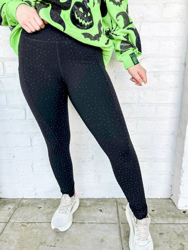 Queen Of Sparkles Black Scattered Rhinestone Leggings with multicolor beaded rhinestones