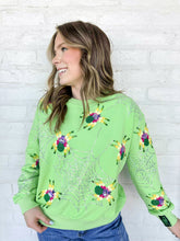 Load image into Gallery viewer, Queen Of Sparkles Neon Green Fuzzy Spider Web Sweatshirt with sequin spiders on a silver grey sparkly web