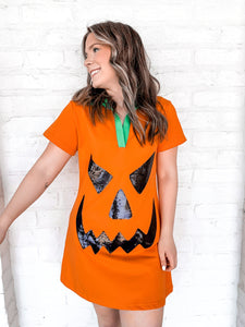 Queen Of Sparkles Orange Pumpkin Dress with black sequin jack-o-lantern face and green collar