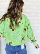 Load image into Gallery viewer, Queen Of Sparkles Neon Green Fuzzy Spider Web Sweatshirt with sequin spiders on a silver grey sparkly web