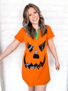Queen Of Sparkles Orange Pumpkin Dress with black sequin jack-o-lantern face and green collar