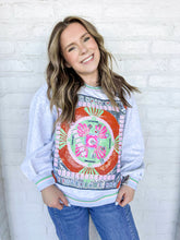 Load image into Gallery viewer, Queen Of Sparkles Grey Multi Mahjong Table Sweatshirt with sequin mahjong tiles and green orange and baby pink