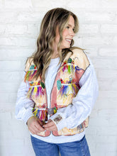 Load image into Gallery viewer, Queen Of Sparkles grey fishing lure vest sweatshirt with feather lure tassels and multi color sequin bobbers