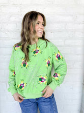 Load image into Gallery viewer, Queen Of Sparkles Neon Green Fuzzy Spider Web Sweatshirt with sequin spiders on a silver grey sparkly web