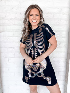 Queen Of Sparkles Black Skeleton Body Tee Dress  featuring a holographic skeleton body design