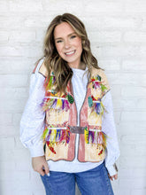 Load image into Gallery viewer, Queen Of Sparkles grey fishing lure vest sweatshirt with feather lure tassels and multi color sequin bobbers