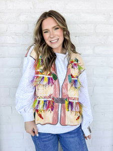 Queen Of Sparkles grey fishing lure vest sweatshirt with feather lure tassels and multi color sequin bobbers
