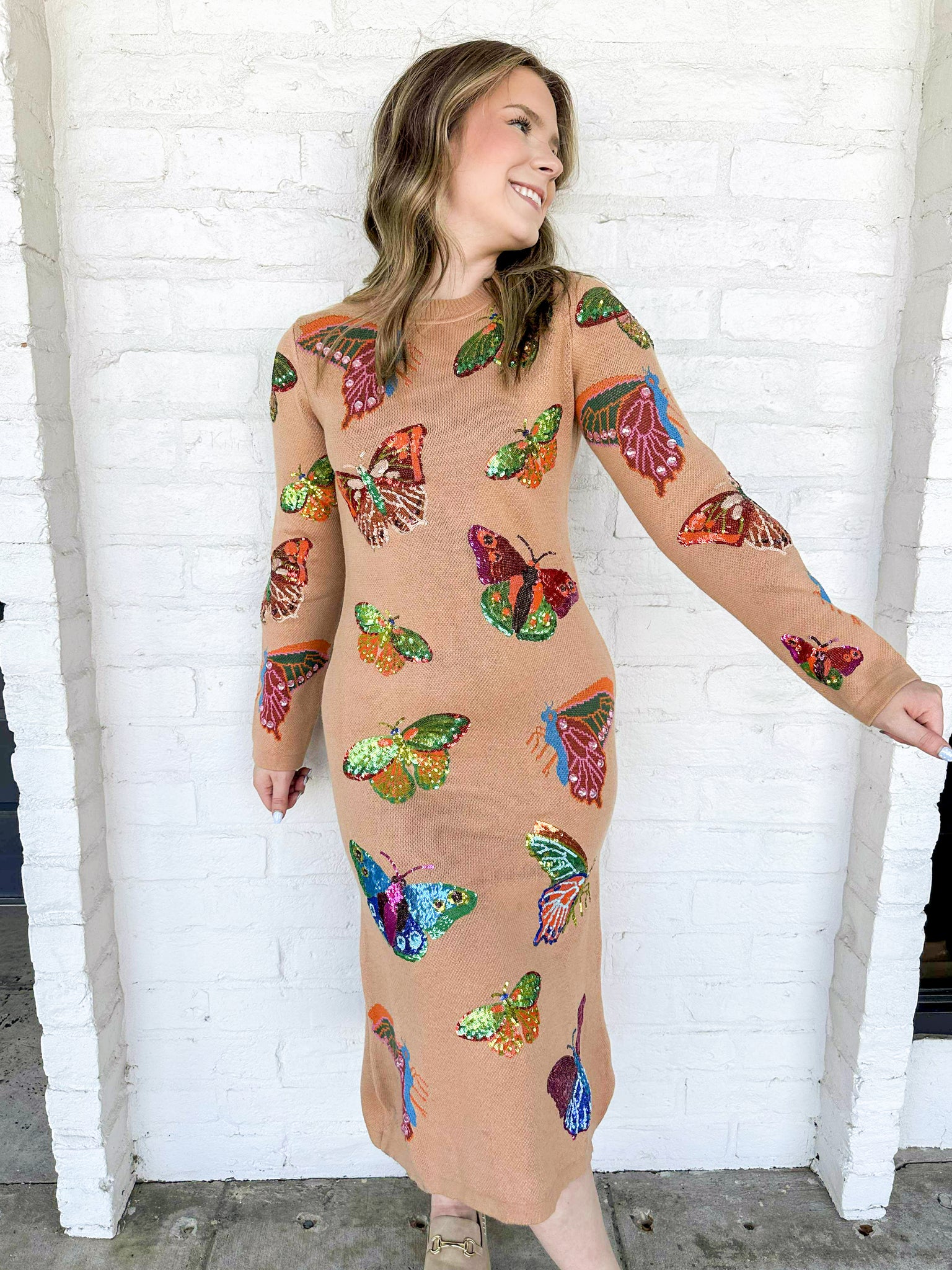 Queen of Sparkles Tan Multi Butterfly Knit Midi Dress XS Queen of Sparkles Tan Multi Butterfly Knit Midi Dress XS