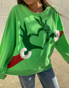 Queen Of Sparkles Green Grinch Heart Hands Sweatshirt