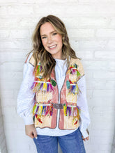 Load image into Gallery viewer, Queen Of Sparkles grey fishing lure vest sweatshirt with feather lure tassels and multi color sequin bobbers
