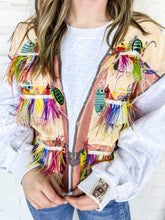 Load image into Gallery viewer, Queen Of Sparkles grey fishing lure vest sweatshirt with feather lure tassels and multi color sequin bobbers