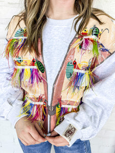 Queen Of Sparkles grey fishing lure vest sweatshirt with feather lure tassels and multi color sequin bobbers
