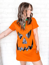 Load image into Gallery viewer, Queen Of Sparkles Orange Pumpkin Dress with black sequin jack-o-lantern face and green collar