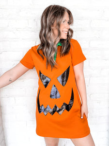 Queen Of Sparkles Orange Pumpkin Dress with black sequin jack-o-lantern face and green collar