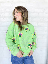 Load image into Gallery viewer, Queen Of Sparkles Neon Green Fuzzy Spider Web Sweatshirt with sequin spiders on a silver grey sparkly web