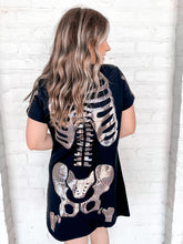Load image into Gallery viewer, Queen Of Sparkles Black Skeleton Body Tee Dress  featuring a holographic skeleton body design