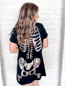 Queen Of Sparkles Black Skeleton Body Tee Dress  featuring a holographic skeleton body design