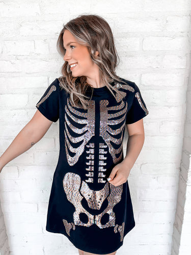Queen Of Sparkles Black Skeleton Body Tee Dress  featuring a holographic skeleton body design