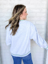 Load image into Gallery viewer, Queen Of Sparkles Grey Multi Mahjong Table Sweatshirt with sequin mahjong tiles and green orange and baby pink