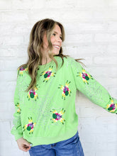 Load image into Gallery viewer, Queen Of Sparkles Neon Green Fuzzy Spider Web Sweatshirt with sequin spiders on a silver grey sparkly web