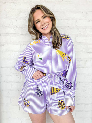 Queen Of Sparkles LSU Mini Icon Striped Button Down Top