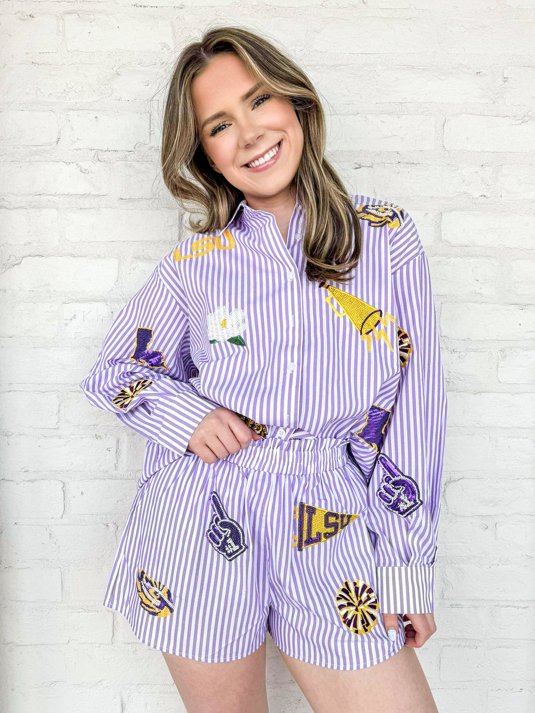 Queen Of Sparkles LSU Mini Icon Striped Button Down Top