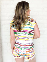 Load image into Gallery viewer, Queen Of Sparkles White Rainbow Tiger Denim Romper