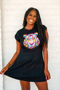 Queen Of Sparkles Black Rainbow Tiger Head Sweater Dress