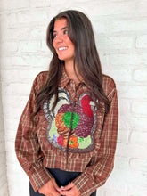 Load image into Gallery viewer, Queen Of Sparkles Brown Plaid Turkey Ruffle Patch Button Up