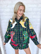 Load image into Gallery viewer, Queen Of Sparkles Dark Green Plaid Multi Christmas Cowboy Boots Button Up Top