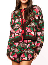 Load image into Gallery viewer, Queen Of Sparkles Brown Multi Strawberry Cream Tie Up Sweater
