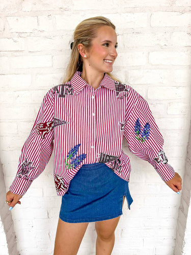 Queen Of Sparkles Texas A&M Mini Icon Striped Button Down
