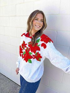 Queen Of Sparkles Grey And Red Collar Poinsettia Sweatshirt