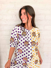 Load image into Gallery viewer, Queen Of Sparkles Licensed LSU Mascot Polka Dot Colorblock Button Up Top
