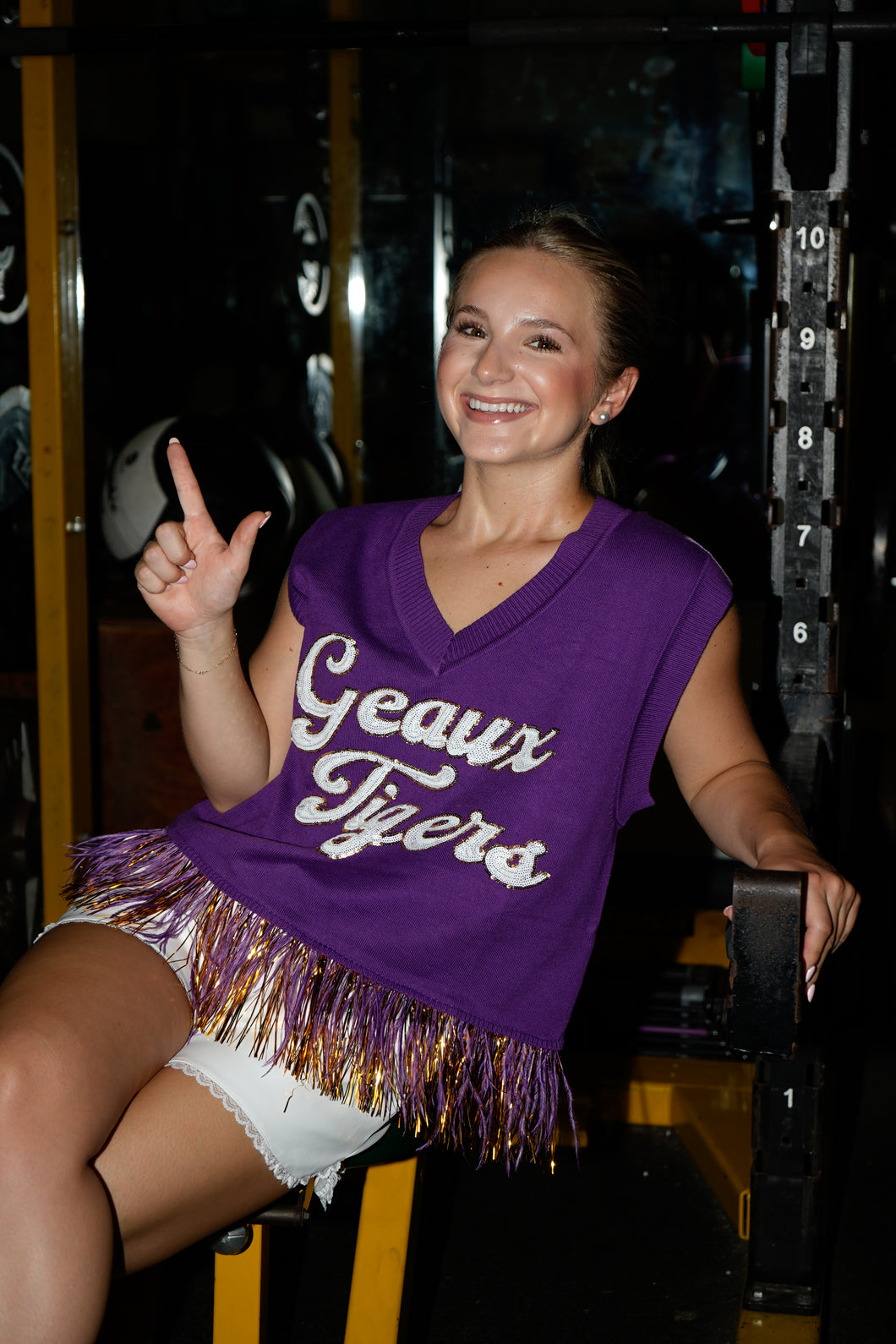 Queen Of Sparkles LSU Geaux Tigers Feather Bottom Tank Sweater