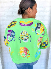 Load image into Gallery viewer, Queen Of Sparkles Scattered Green Mardi Gras Mask sweatshirt